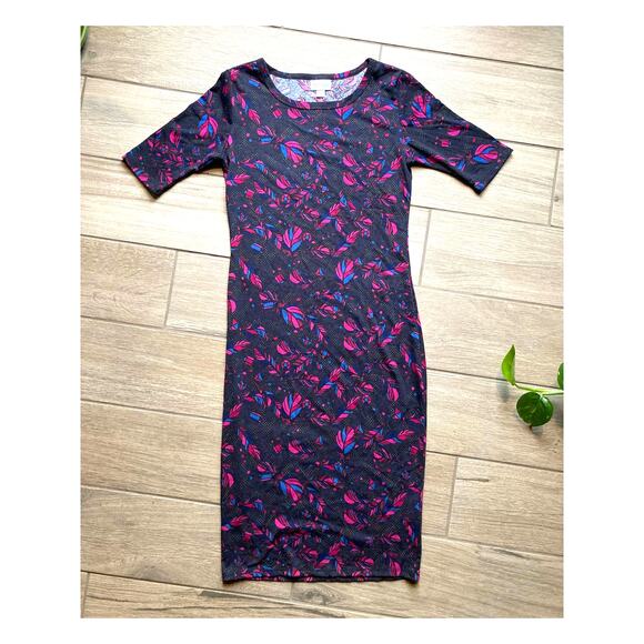 LuLaRoe Women's Dress Julia Bodycon Fuschia Teal Feather Print Size XXSmall EUC - Picture 5 of 12